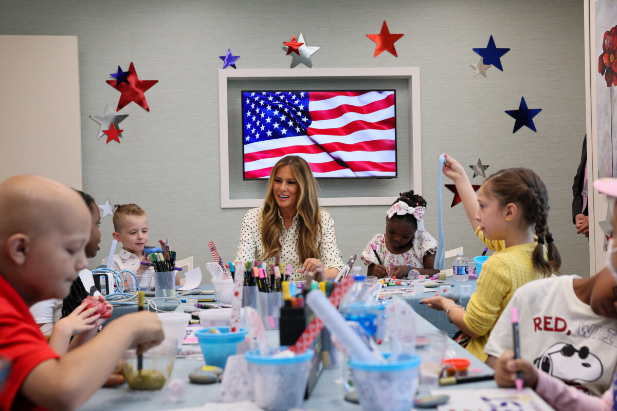 First Lady Melania Trump takes part in an activity with children during a visit at Children's National Hospital in Washington, on July 3, 2025. (Jemal Countess/AFP via Getty Images)