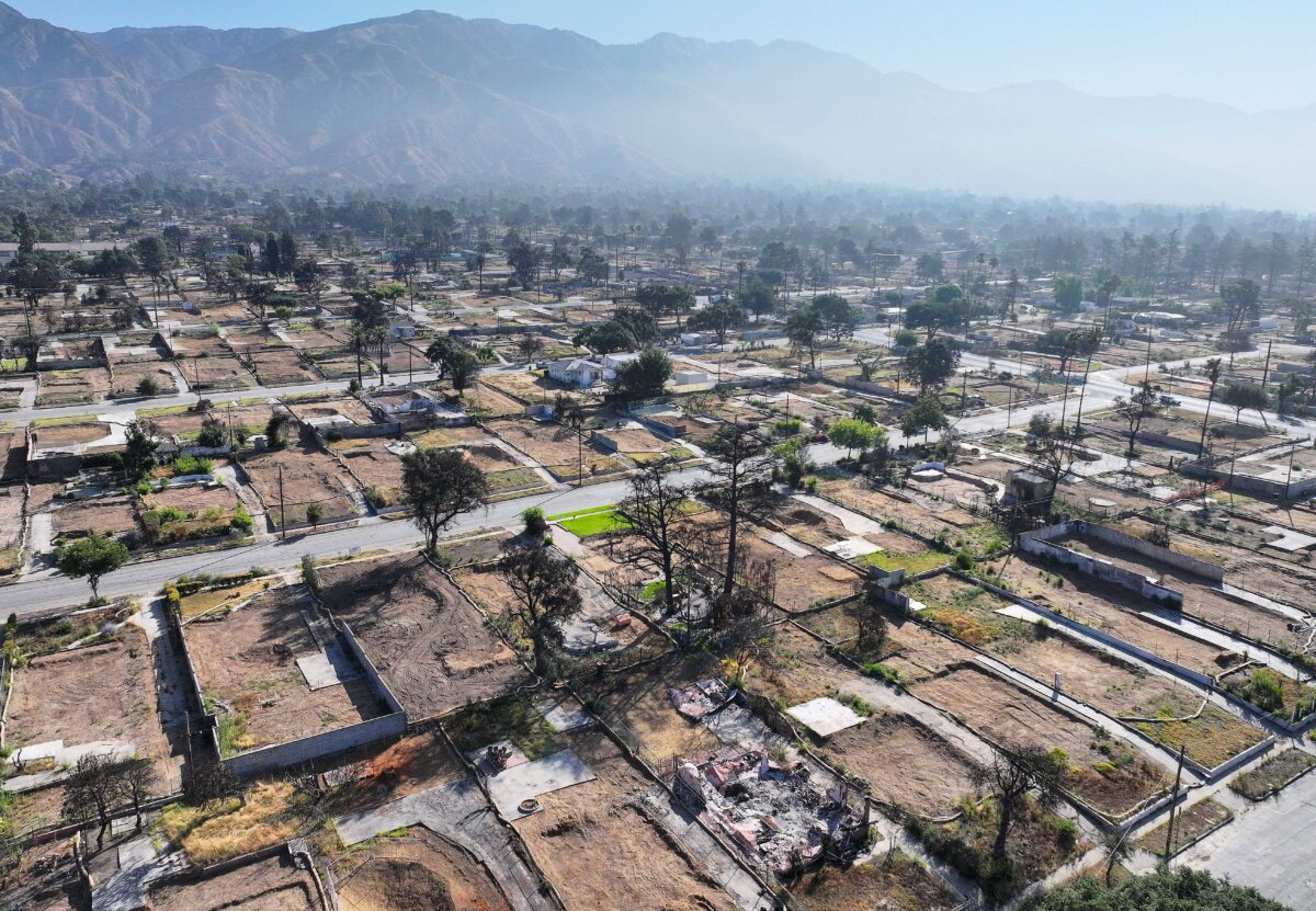 An aerial view of properties cleared of wildfire debris from the Eaton Fire in Altadena, Calif., on July 3, 2025. (Mario Tama/Getty Images)