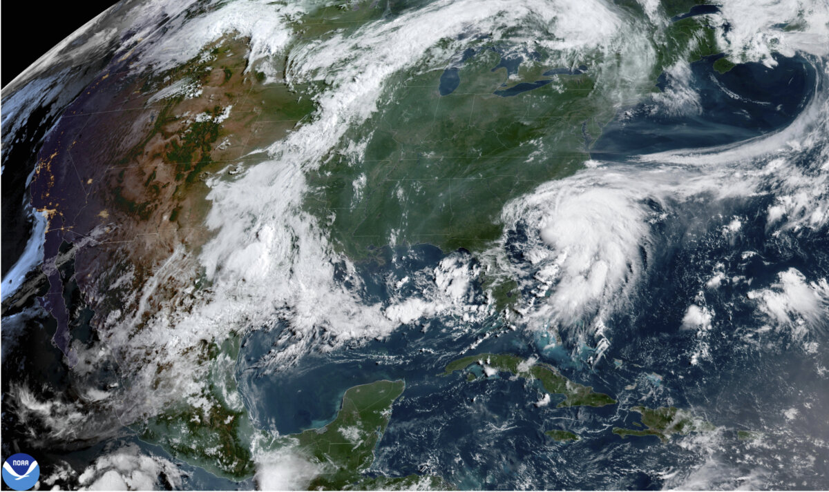 A satellite image shows Tropical Storm Chantal forming off the coast of the Carolinas on July 5, 2025. (NOAA via AP)