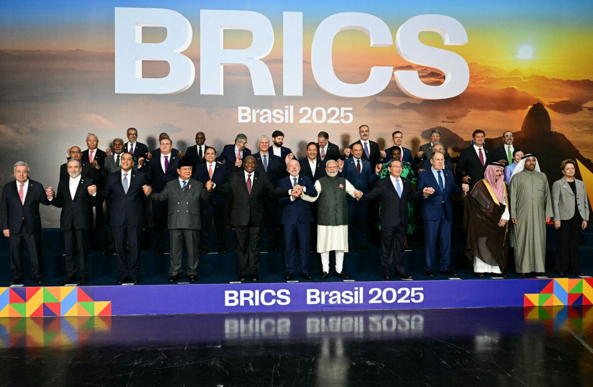 Heads of state and the governments of member, partner, and external engagement countries pose for a photo during the BRICS summit in Rio de Janeiro on July 7, 2025. (Pablo Porciuncula/AFP via Getty Images)