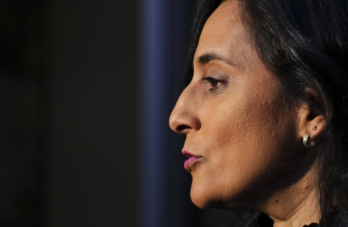 Minister of Foreign Affairs Anita Anand delivers a statement in Brussels, Belgium on June 22, 2025. (The Canadian Press/Sean Kilpatrick)