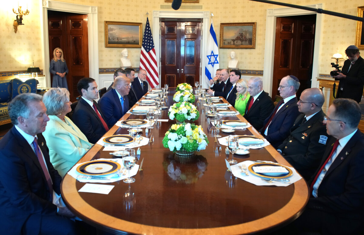 President Donald Trump hosts Israeli Prime Minister Benjamin Netanyahu for a dinner in the Blue Room of the White House on July 7, 2025. (Andrew Harnik/Getty Images)