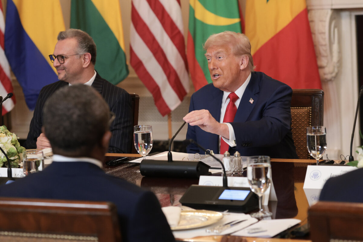 U.S. President Donald Trump speaks during a multilateral lunch with African leaders in the State Dining Room of the White House on July 9, 2025. The leaders of Gabon, Guinea-Bissau, Liberia, Mauritania, and Senegal met with Trump during the luncheon. (Win McNamee/Getty Images)