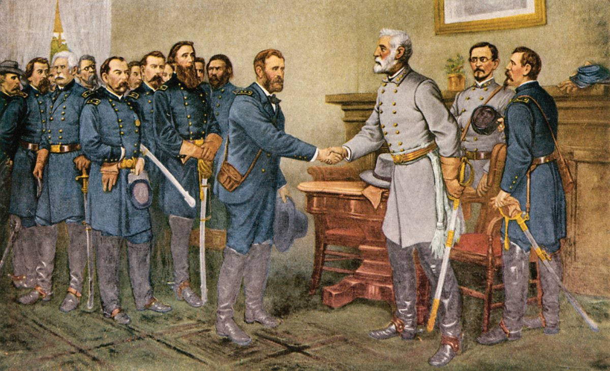 Gen. Ulysses S. Grant during the surrender at Appomattox Court House. Gen. Robert E.  Lee (with white beard) shakes Gen. Grant's hand. (Public Domain)