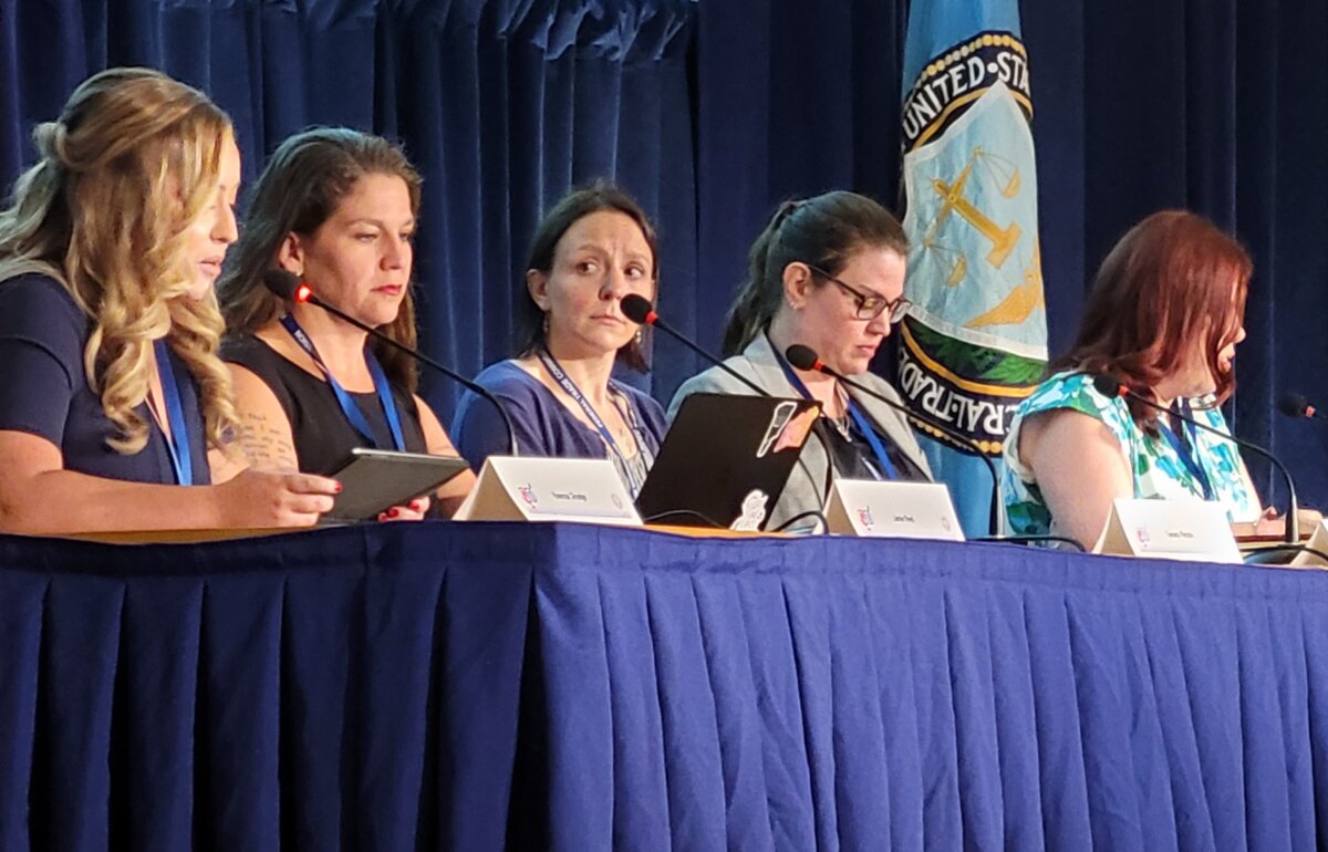 Whistleblowers from the medical community speak at a Federal Trade Commission workshop in Washington on alleged deceptive marketing in the transgender procedure business. (L–R) Vanessa Sivadge, registered nurse; Jamie Reed, executive director of LGB Courage Coalition; Tamara Pietzke, licensed clinical social worker; Leta Boylan, registered nurse; and Sara Stockton, marriage and family therapist, on July 9, 2025. (Stacy Robinson/The Epoch Times)