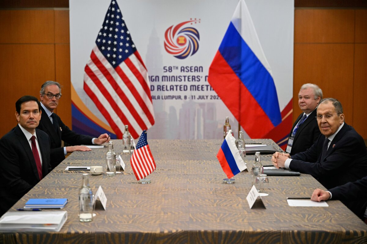 U.S. Secretary of State Marco Rubio (L) meets with Russian Foreign Minister Sergei Lavrov (R), on the sidelines of the ASEAN Foreign Ministers' meeting in Kuala Lumpur, Malaysia, on July 10, 2025. (Mandel Ngan/Pool Photo via AP)