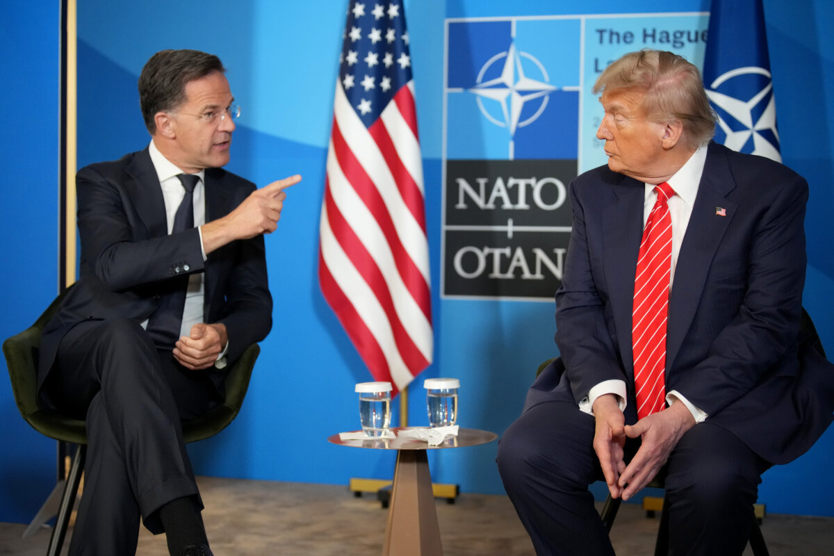 U.S. President Donald Trump (R) and NATO Secretary General Mark Rutte speak to media at the start of the second day of the 2025 NATO Summit in The Hague, Netherlands, on June 25, 2025. (Andrew Harnik/Getty Images)