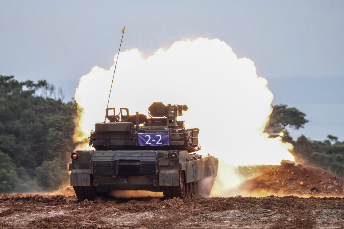 The Taiwanese army holds a live-fire shooting session for Taiwan's first batch of the advanced U.S.-made M1A2T Abrams tanks, which takes place separately from the annual Han Kuang military exercise, in Hsinchu, Taiwan, on July 10, 2025. (I-Hwa Cheng/AFP via Getty Images)