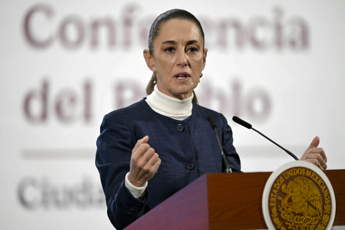 Mexican President Claudia Sheinbaum speaks during her daily press conference at the National Palace in Mexico City on Feb. 3, 2025. (Yuri Cortez/AFP via Getty Images)