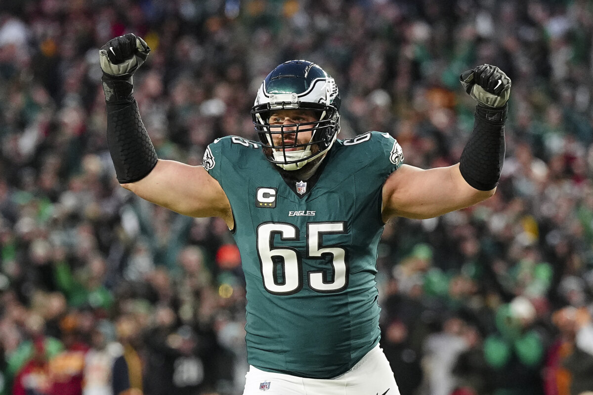 Lane Johnson reacts after an Eagles touchdown against the Washington Commanders in the NFC Championship Game at Lincoln Financial Field in Philadelphia on Jan. 26, 2025. The Eagles won 55-23 and went on to win the Super Bowl. (Mitchell Leff/Getty Images)