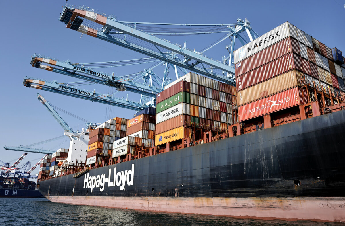 Shipping containers are stacked on a container ship at the Port of Los Angeles on June 25, 2025. (Mario Tama/Getty Images)