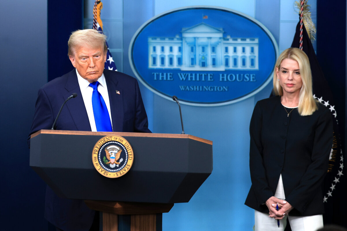 President Donald Trump, joined by Attorney General Pam Bondi, speaks in the briefing room at the White House on June 27, 2025. (Joe Raedle/Getty Images)