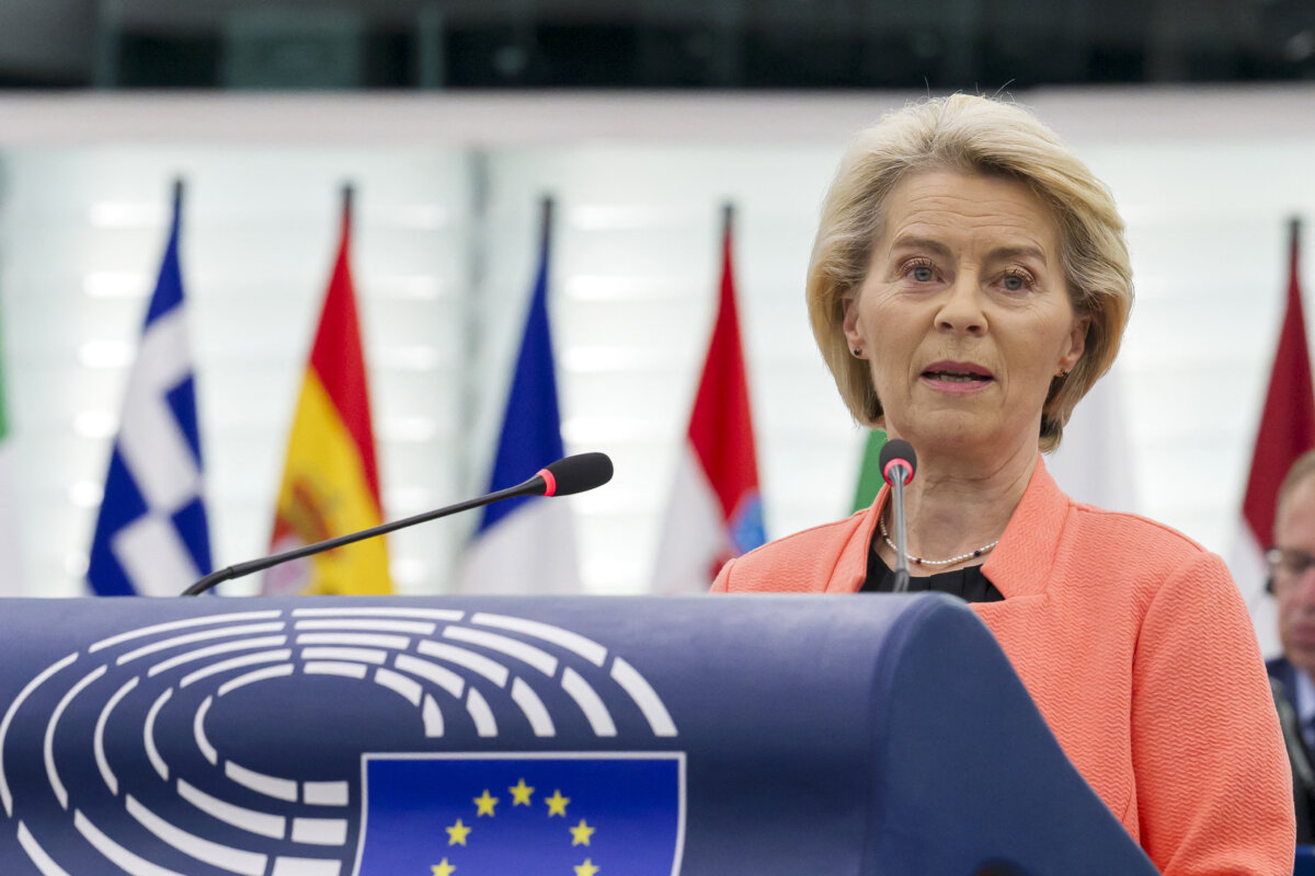 European Commission President Ursula von der Leyen gives a speech during a plenary session at the European Parliament in Strasbourg, France, on July 7, 2025. (Jean-Christophe Verhaegen/AFP via Getty Images)