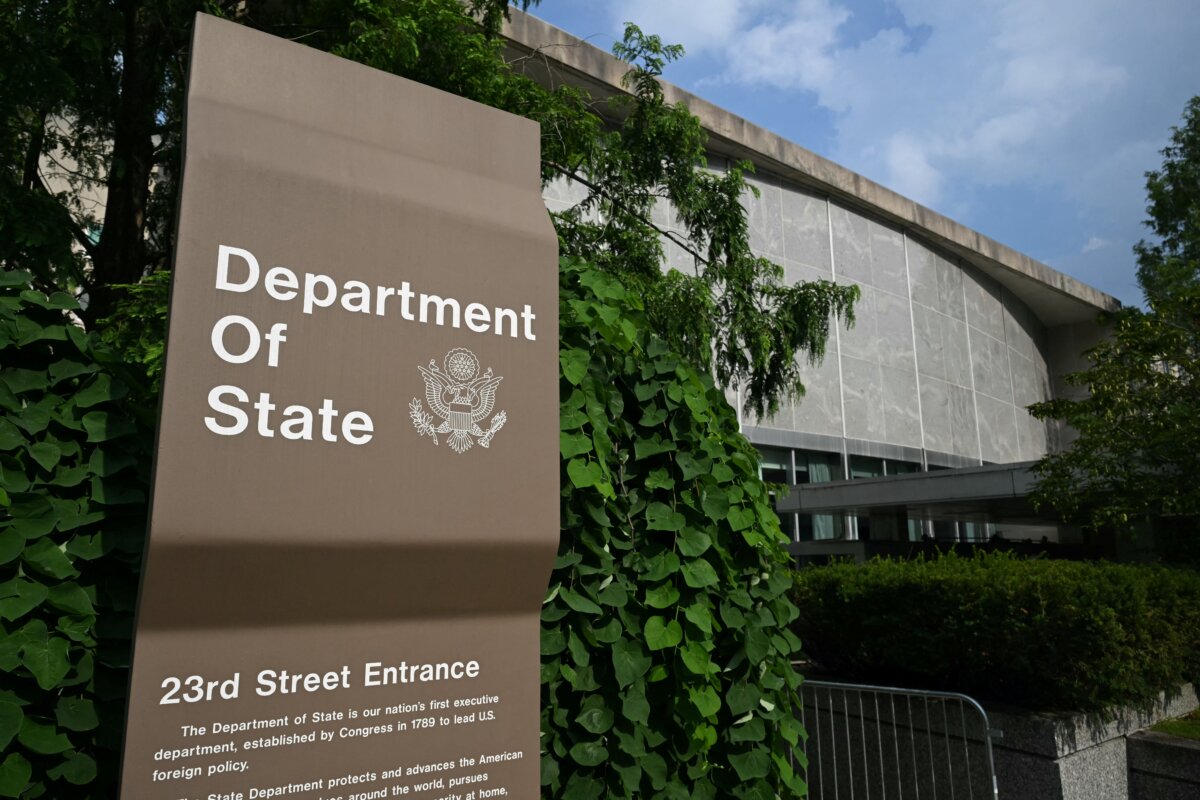 A sign outside the State Department in Washington on July 11, 2025. (Saule Loeb/AFP via Getty Images)