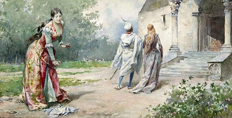 Emilia finds Desdemona's handkerchief in “Othello.” Drawing by Ludovico Marchetti. (Public Domain)