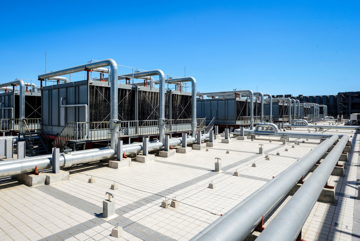 Sets of data center cooling towers, in this file photo. Data centers can consume up to 5 million gallons of water daily—about the same as a town of 20,000 to 50,000 people. (Waitforlight/Getty Images)