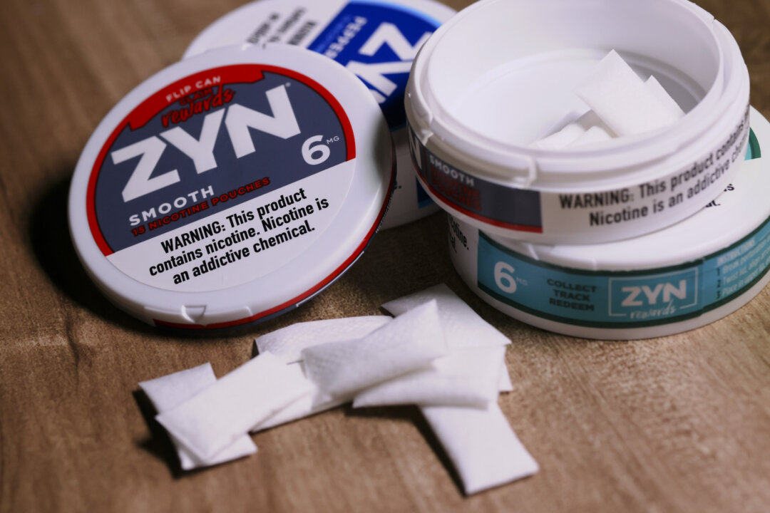 Zyn nicotine cases and pouches on a table in New York City on Jan. 29, 2024. (Michael M. Santiago/Getty Images)