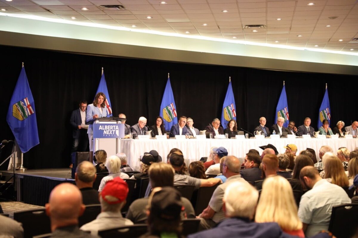 Alberta Premier Danielle Smith speaks during an Alberta Next Panel town hall in Red Deer, Alta., on July 15, 2025. (Office of the Premier)