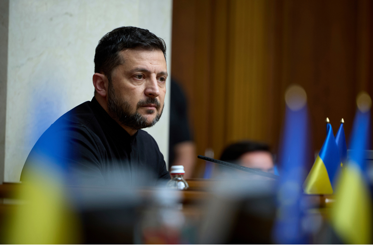 President of Ukraine Volodymyr Zelenskyy attends the parliament session in Kyiv, Ukraine, on July 17, 2025. (AP Photo/Vadym Sarakhan)