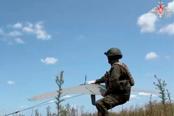 In this photo taken from video distributed by Russian Defense Ministry Press Service on Thursday, July 17, 2025, a Russian serviceman operates a "Supercam" drone in an undisclosed location in Ukraine. (Russian Defense Ministry Press Service via AP)