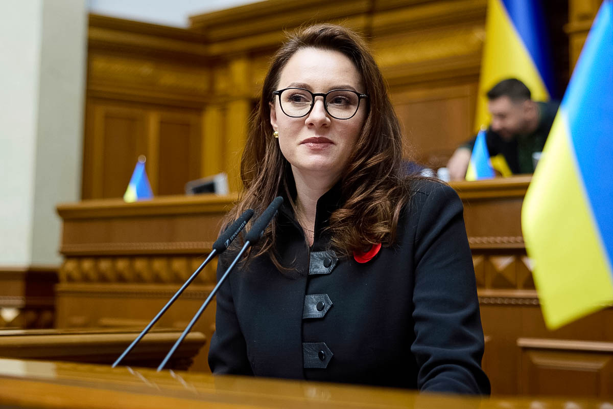 Yuliia Svyrydenko, appointed prime minister of Ukraine on July 17, 2025, speaks in the Ukrainian Parliament as the vice prime minister and minister of economy, in Kyiv, Ukraine, on May 8, 2025. (Vadym Sarakhan/AP Photo)