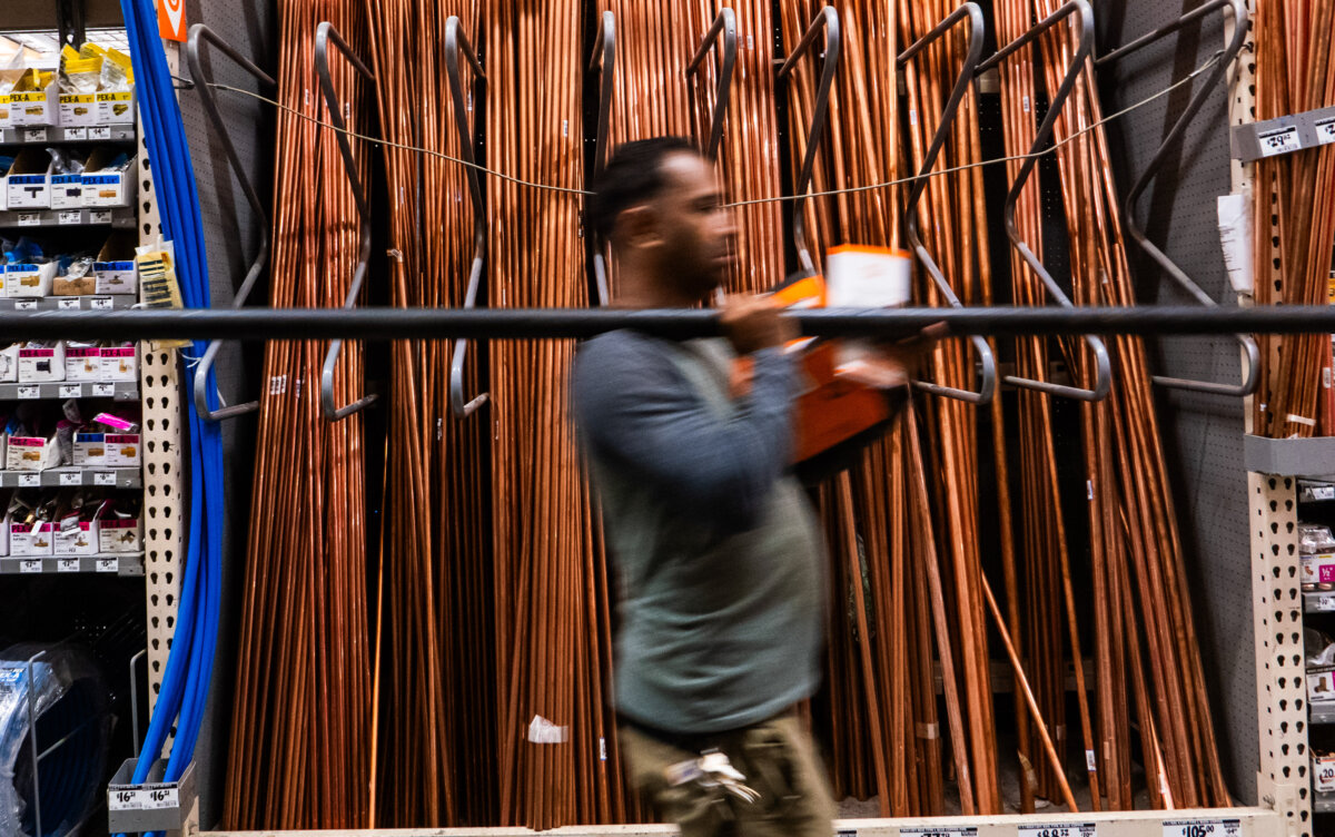 Copper pipes are displayed in a home rebuilding store in New York, on July 9, 2025. (Spencer Platt/Getty Images)