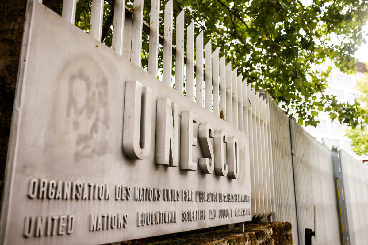 A man enters the UNESCO headquarters in Paris on July 22, 2025. (Thomas Padilla/AP Photo)