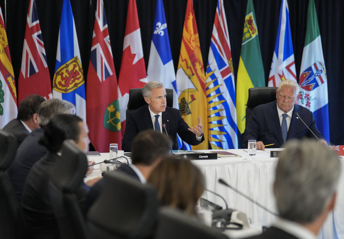 Prime Minister Mark Carney addresses the premiers during their 2025 summer meeting at Deerhurst Resort in Huntsville, Ont., on July 22, 2025. (THE CANADIAN PRESS/Nathan Denette)
