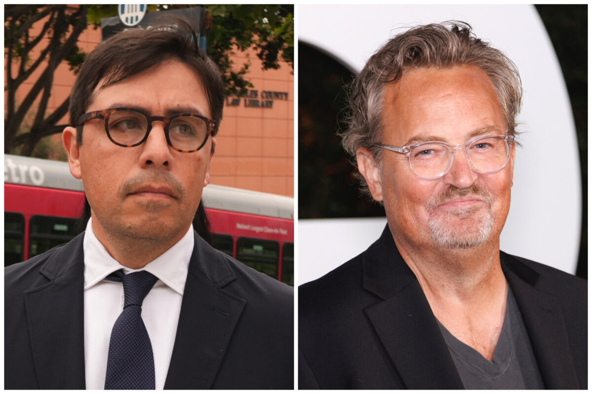 (Left) Dr. Salvador Plasencia leaves federal court in Los Angeles on July 23, 2025. (Damian Dovarganes/AP Photo); (Right) Matthew Perry appears at the GQ Men of the Year Party in West Hollywood, Calif., on Nov. 17, 2022. (Willy Sanjuan/Invision/AP Photo)