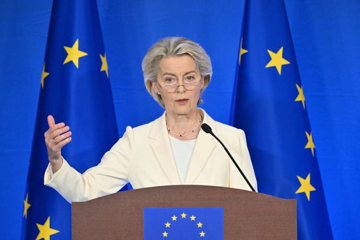 European Commission President Ursula von der Leyen speaks during a joint press conference with President of European Council Antonio Costa after the 25th EU-China summit in Beijing on July 24, 2025. (Adek Berry/AFP via Getty Images)