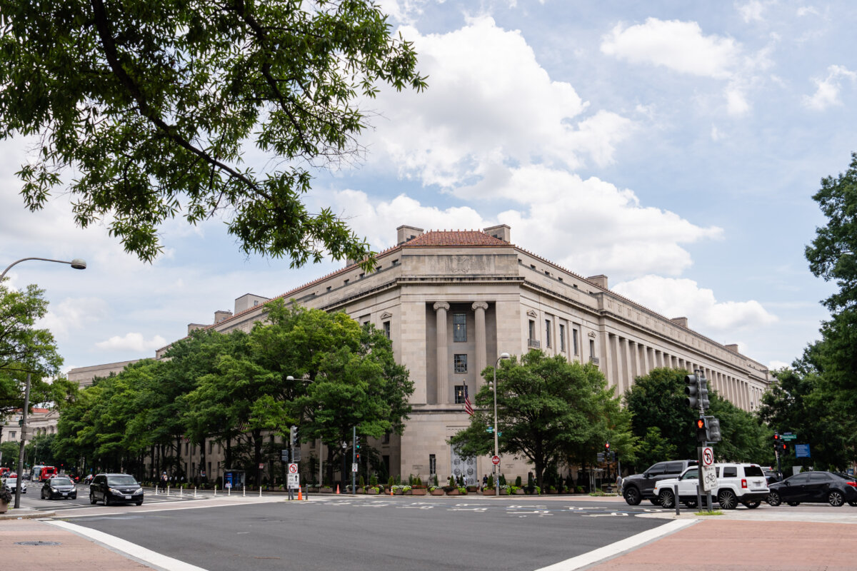 The U.S. Department of Justice in Washington in Washington on July 21, 2025. (Madalina Kilroy/The Epoch Times)