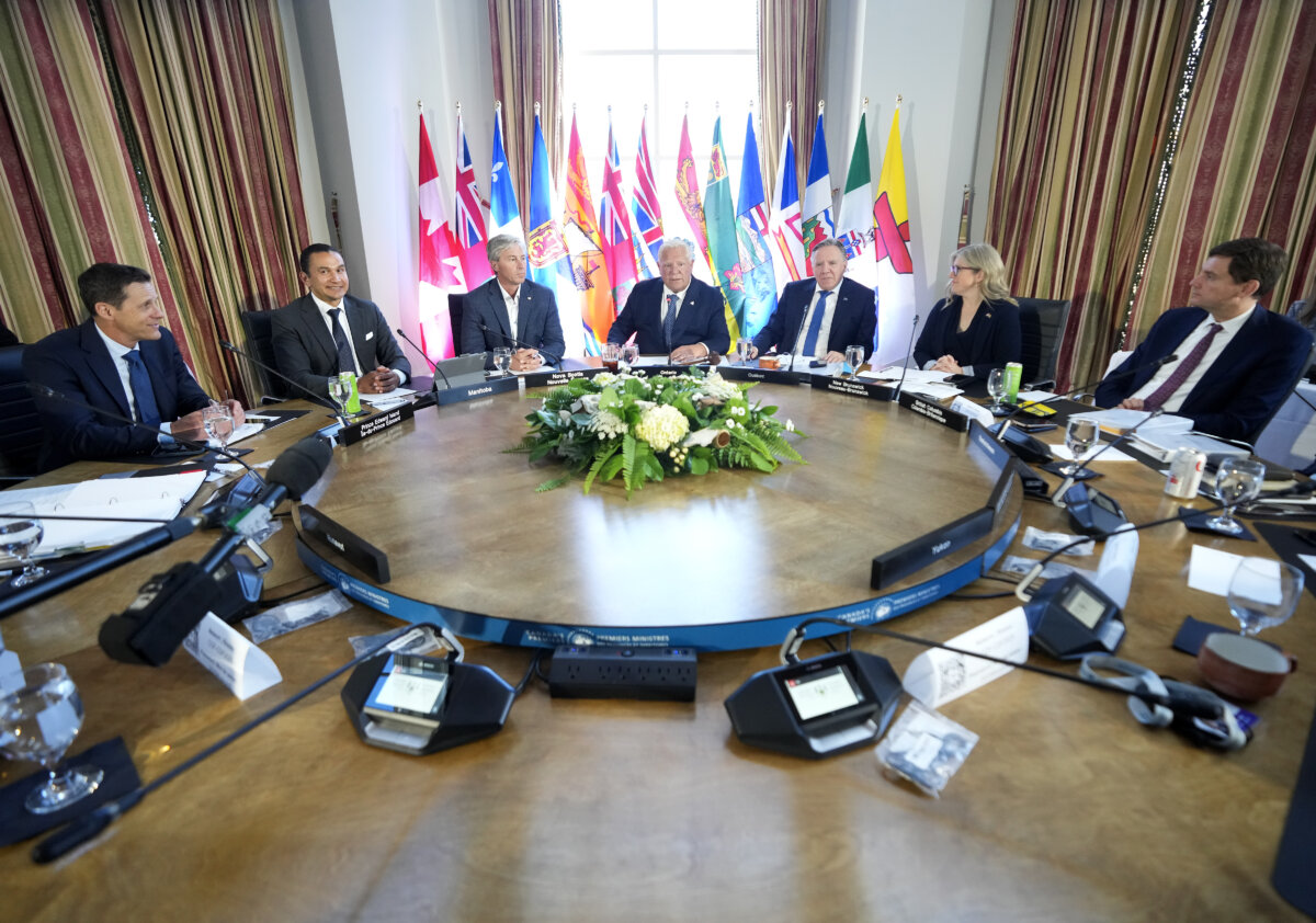Ontario Premier Doug Ford (C) speaks during the meeting of Canada’s premiers in Huntsville, Ont., on July 23, 2025. (The Canadian Press/Nathan Denette)
