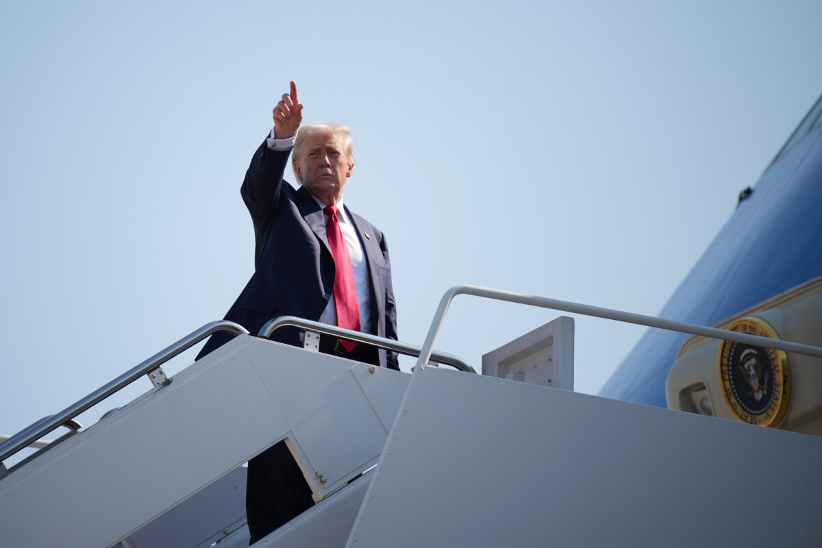 President Donald Trump boards Air Force One bound for Scotland at Joint Base Andrews, Md., on July 25, 2025. (Andrew Harnik/Getty Images)