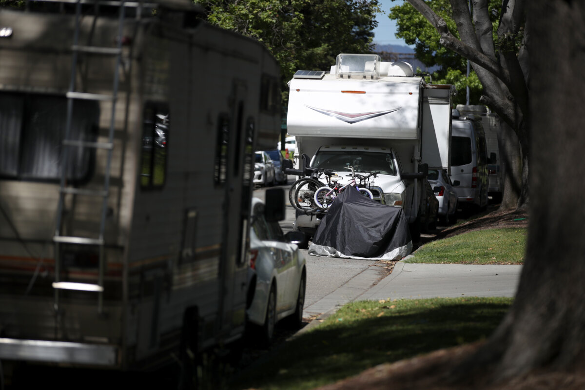 RVs sit parked on a street across from Google headquarters on May 22, 2019 in Mountain View, California. As the price of rent continues to skyrocket in the San Francisco Bay Area, a number of RVs have appeared on the streets near the Google headquarters in Mountain View. The Mountain View police department logged nearly 300 RVs parked on city streets that appeared to be used as a primary residence. (Justin Sullivan/Getty Images)