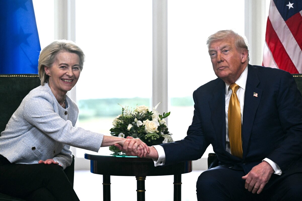 President Donald Trump and European Commission President Ursula von der Leyen after their meeting in Turnberry, Scotland, on July 27, 2025. (Brendan Smialowski/AFP via Getty Images)