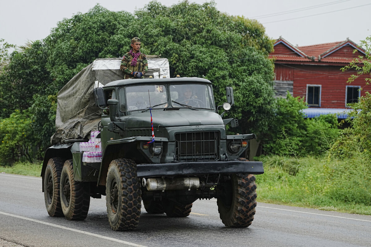 A Cambodian military vehicle carries a rocket launcher in Oddar Meanchey province, Cambodia, on July 26, 2025. (Heng Sinith/AP Photo)