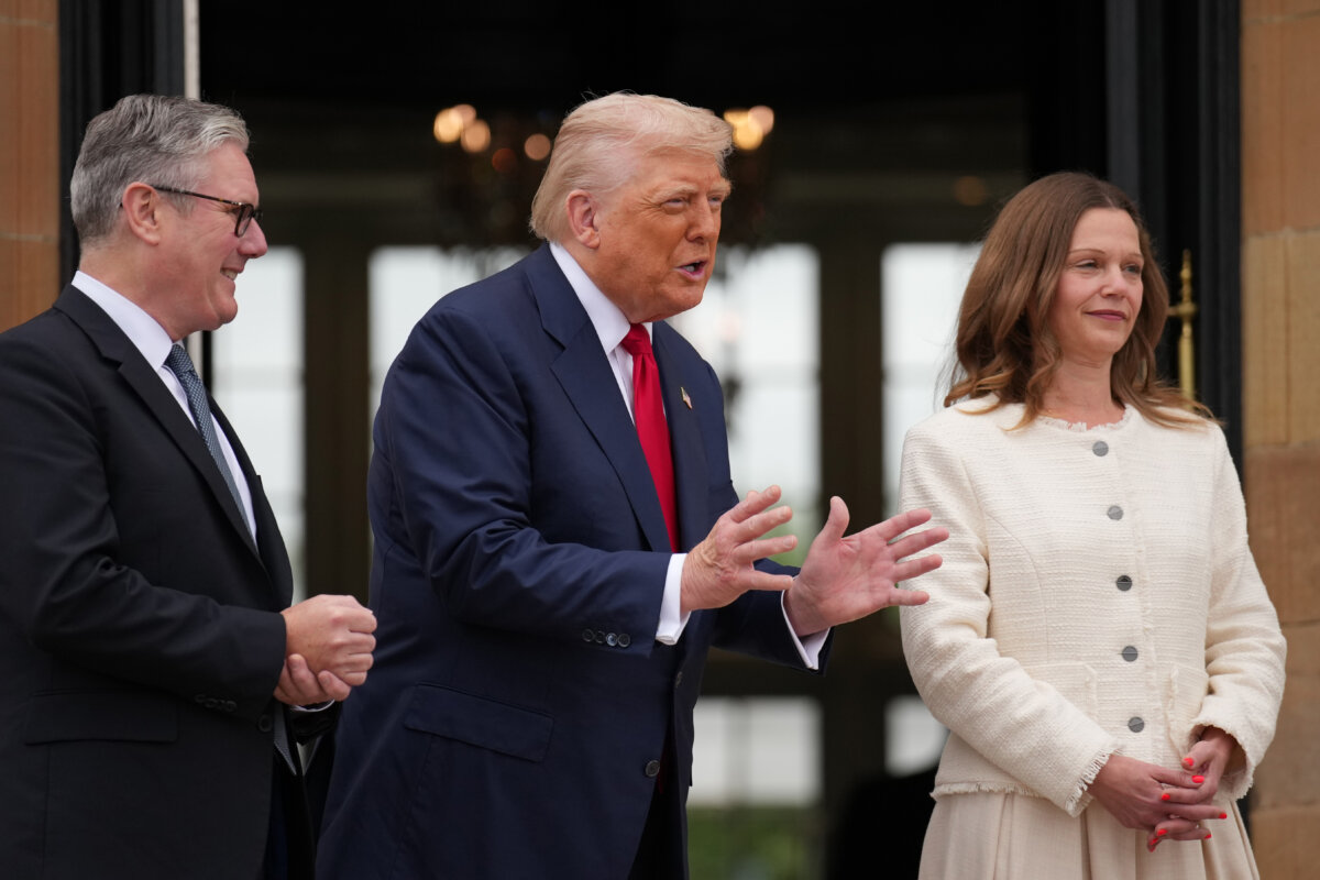 President Donald Trump speaks to gathered members of the media as he greets UK Prime Minister Keir Starmer and his wife, Victoria Starmer, at Trump Turnberry golf club in Turnberry, Scotland, on July 28, 2025. (Andrew Harnik/Getty Images)