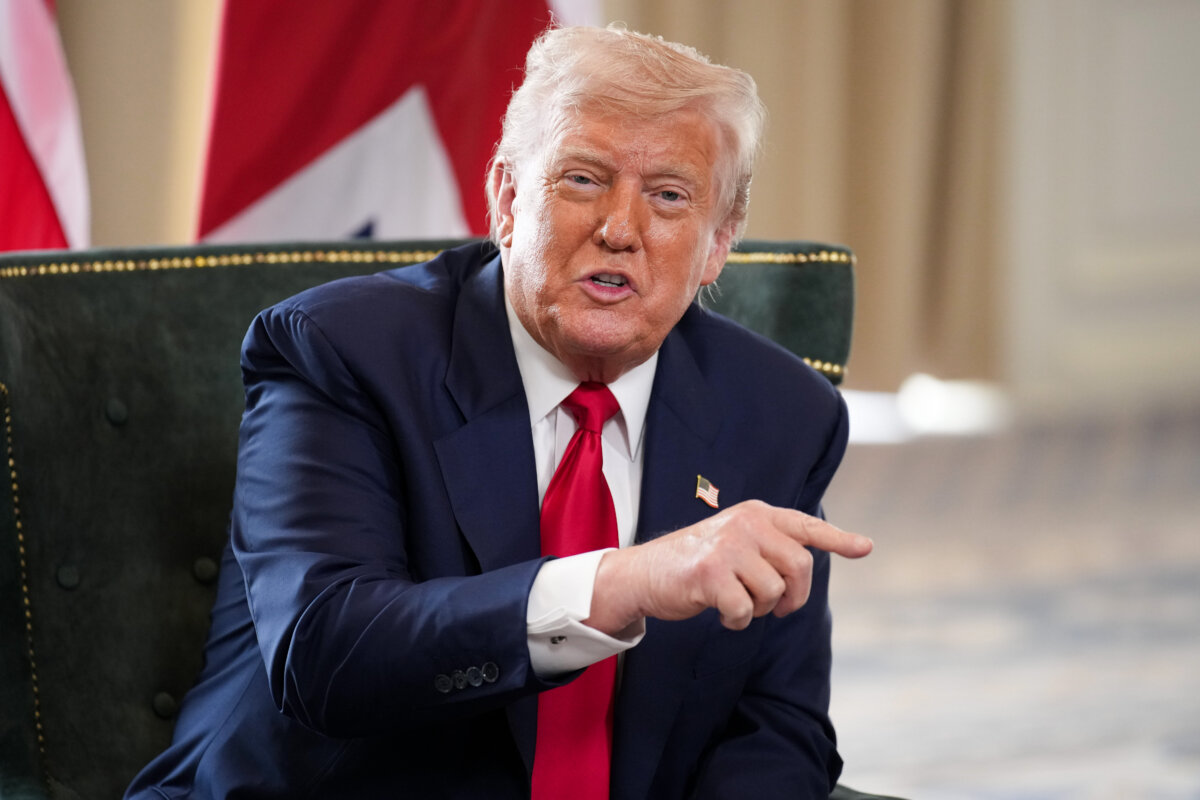 U.S. President Donald Trump gestures as he meets with British Prime Minister Keir Starmer at the Trump Turnberry golf resort in Turnberry, Scotland, on July 28, 2025. (Andrew Harnik/Getty Images)