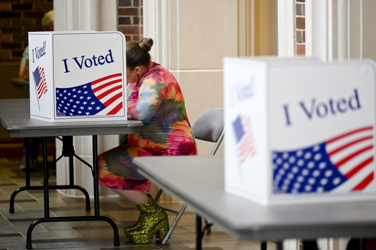 A voter casts a vote on Super Tuesday at Pulaski Heights United Methodist Church in Little Rock, Arkansas, on March 5, 2024. (Will Newton/Getty Images)
