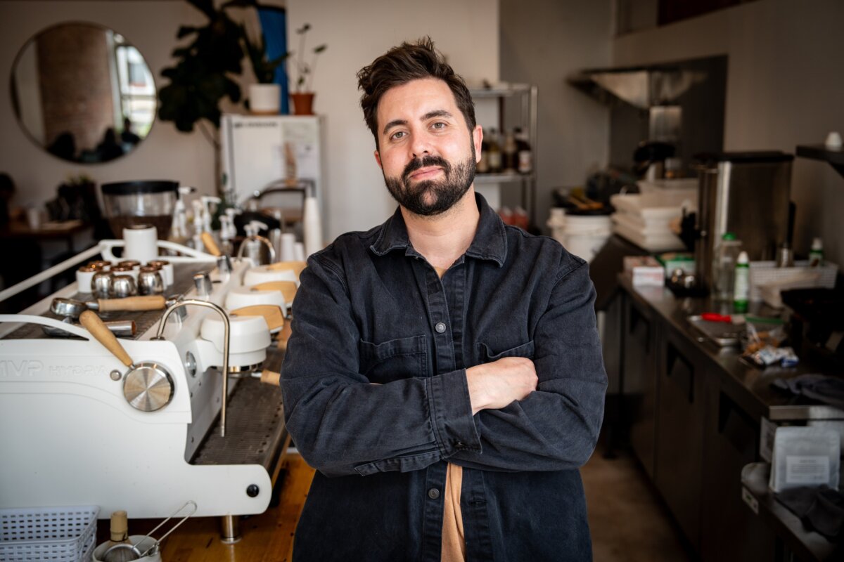 Cory Bowman, Cincinnati mayoral candidate, at his coffee shop in Cincinnati on April 25, 2025. (Samira Bouaou/The Epoch Times)