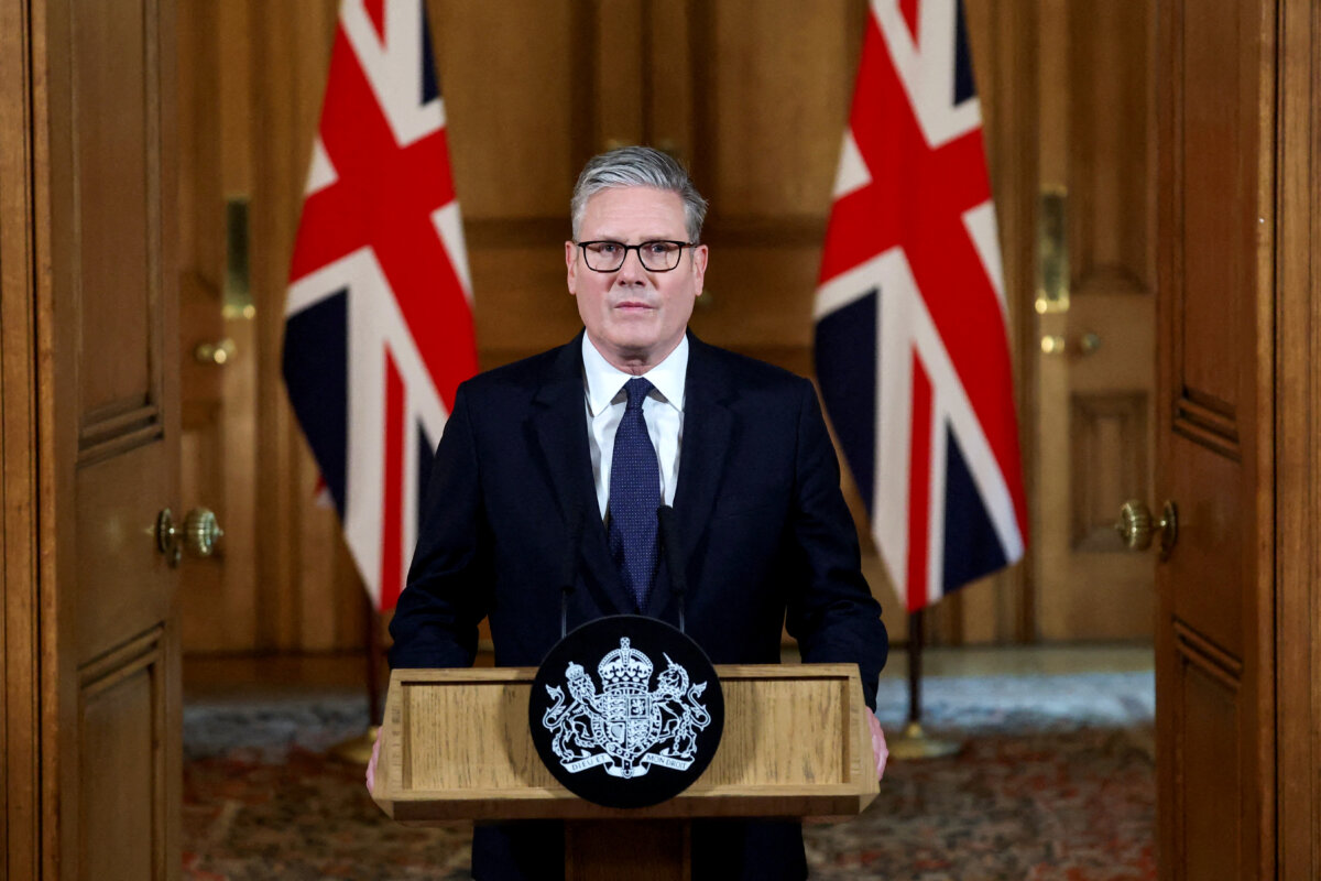UK Prime Minister Keir Starmer makes an address following an emergency Cabinet meeting on Gaza at 10 Downing Street in London on July 29, 2025. (Toby Melville/Pool/AFP via Getty Images)
