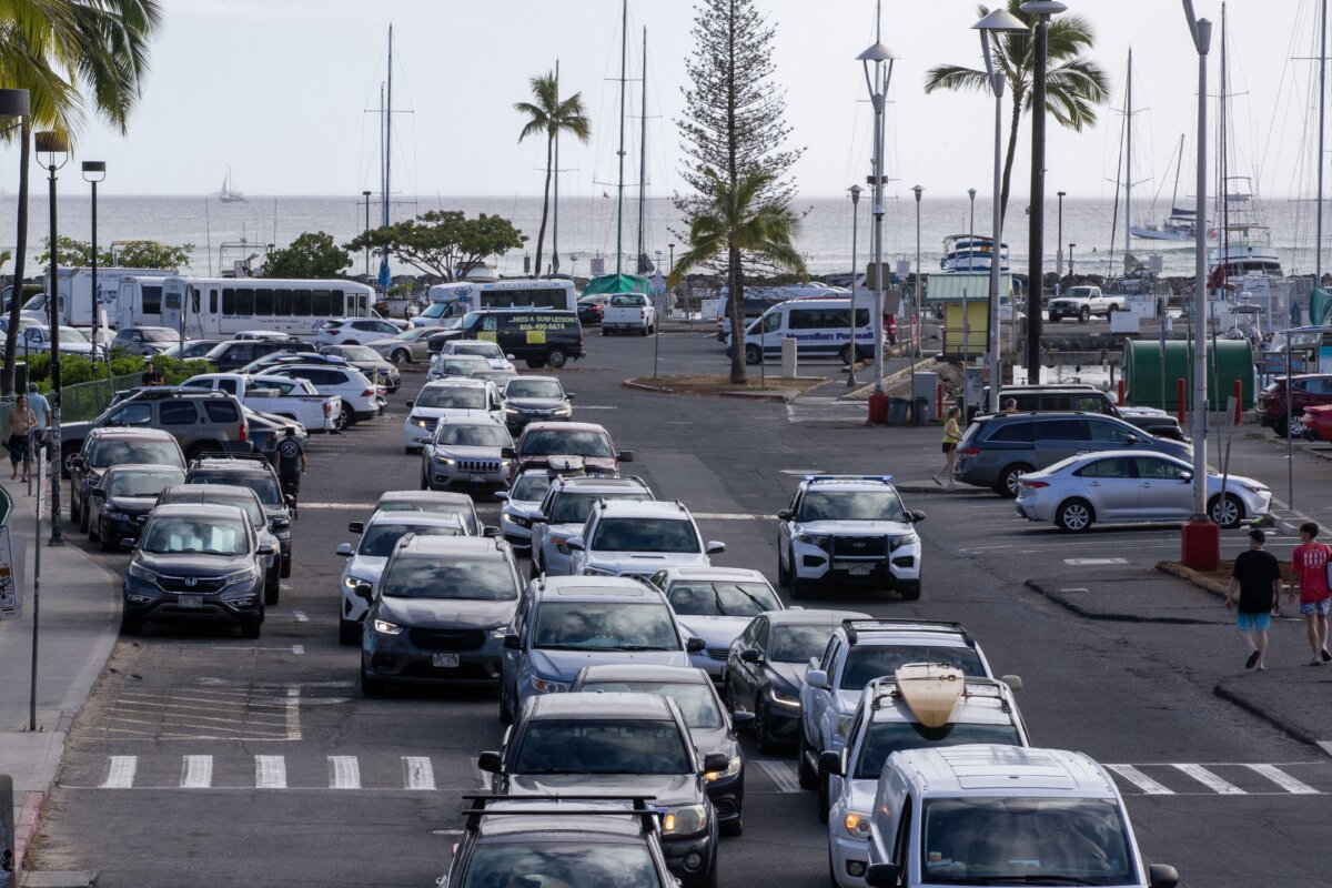 Residents and visitors found themselves backed up in traffic as they try to leave the the Ala Way Harbor, Waikiki, Oahu, Hawaii, on July 29, 2025, after an 8.8 earthquake off of Russia's far east prompted tsunami alerts. (Eugene Tanner/AFP via Getty Images)