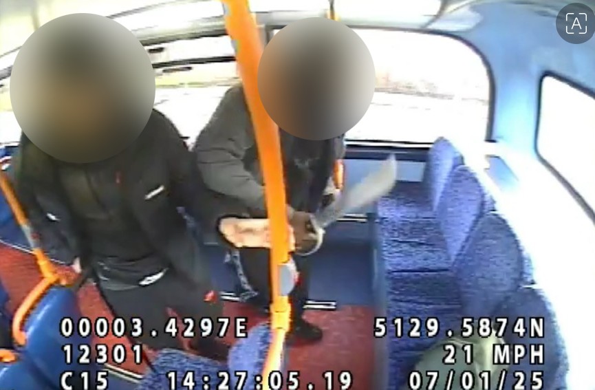 An image of two teenagers armed with large knives attacking Kelyan Bokassa, 14, on a double decker bus in Woolwich, London, on Jan. 7, 2025. (TfL/Metropolitan Police)