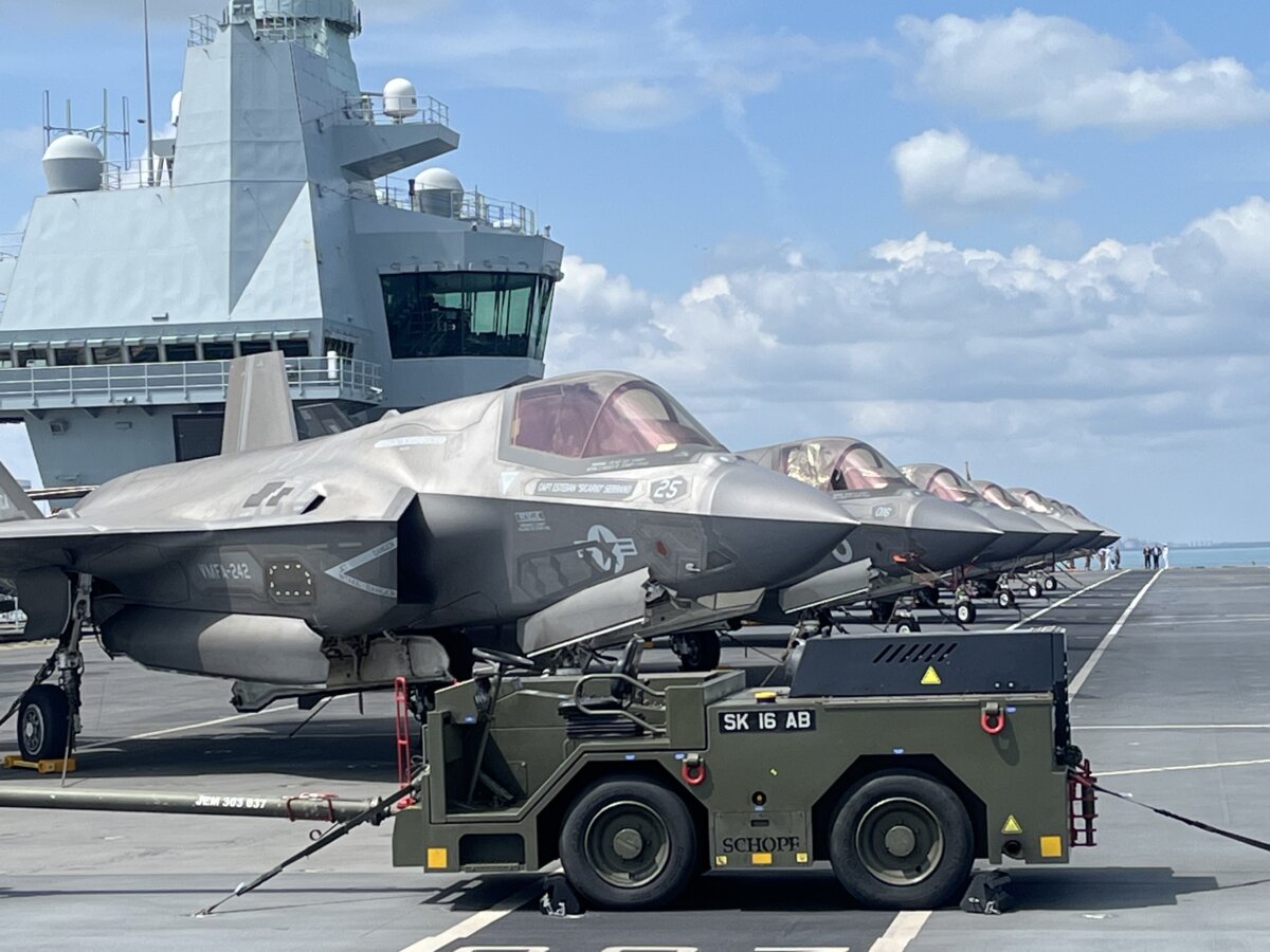 Jets are seen lined up on HMS Prince of Wales aircraft carrier during the Talisman Sabre 2025 Closing Ceremony in Darwin, Australia on July 27, 2025. (AAP Image/Lloyd Jones)