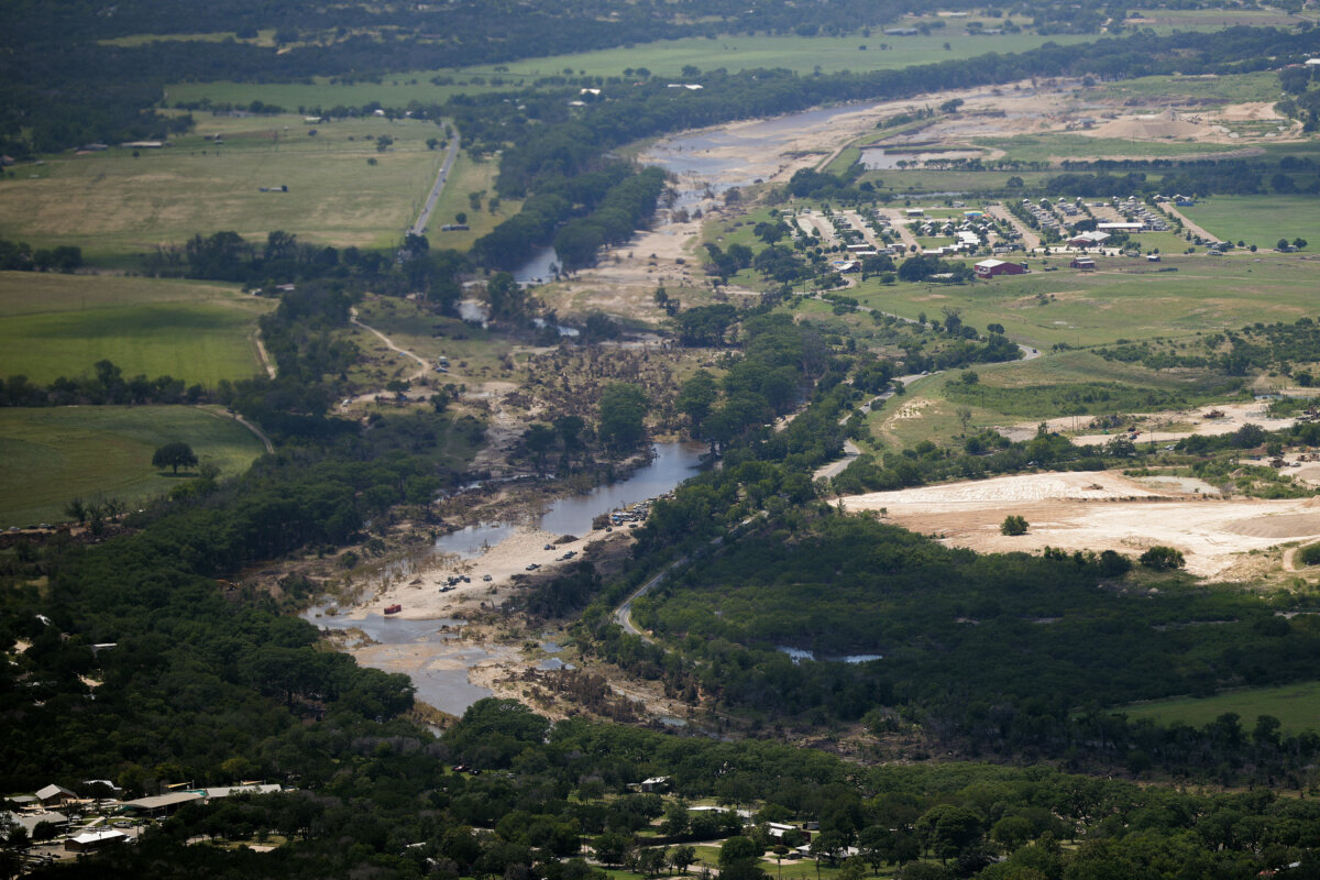 Flash flood damage along the banks of the Guadalupe River in Kerrville, Texas, on July 11, 2025. (Chip Somodevilla/Getty Images)