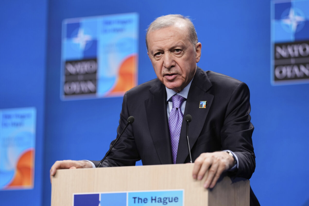 Turkish President Recep Tayyip Erdogan speaks during a media conference at the NATO summit in The Hague, Netherlands, on June 25, 2025. (Matthias Schrader/AP Photo)