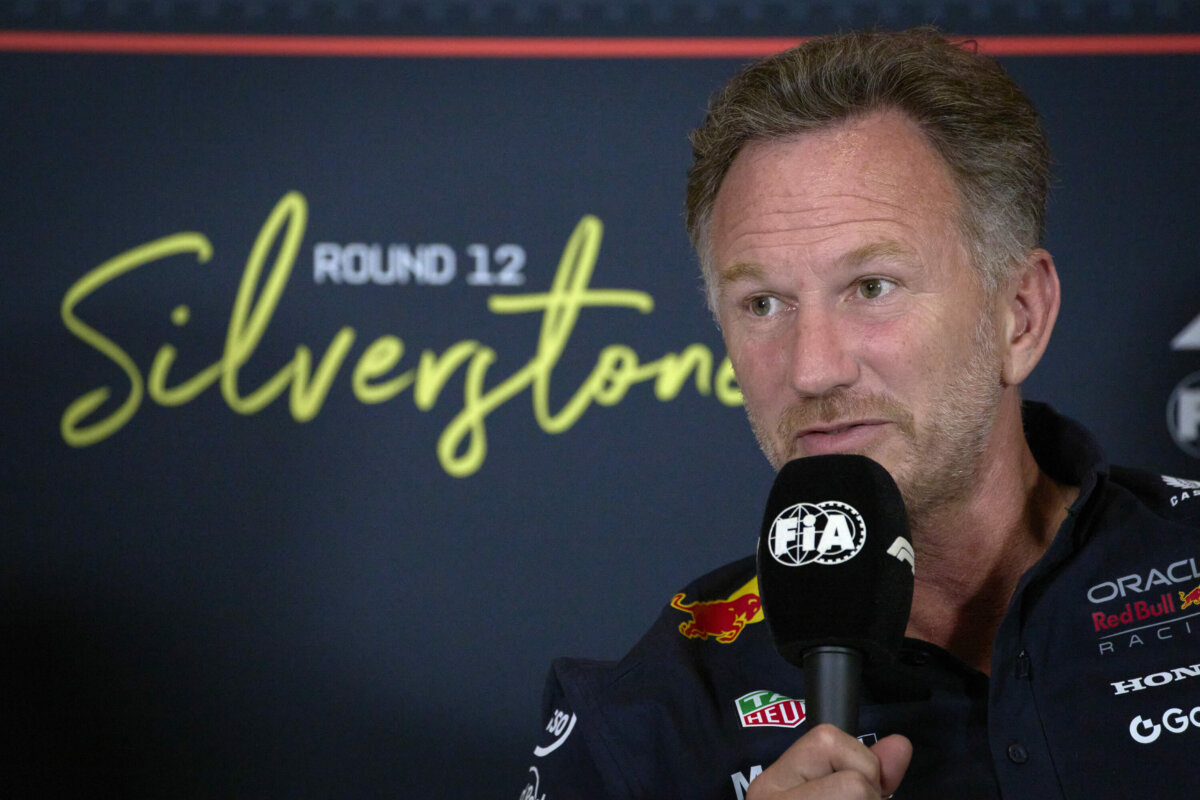 Red Bull team principal Christian Horner attends a news conference at the Silverstone racetrack, ahead of the British Formula One Grand Prix, in Silverstone, England, on July 4, 2025. (Darko Bandic/AP Photo)
