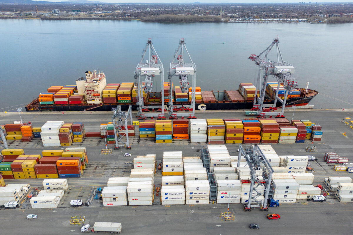 A drone view shows shipping containers at the Port of Montreal in Montreal on April 14, 2025. (Reuters/Carlos Osorio/File Photo)
