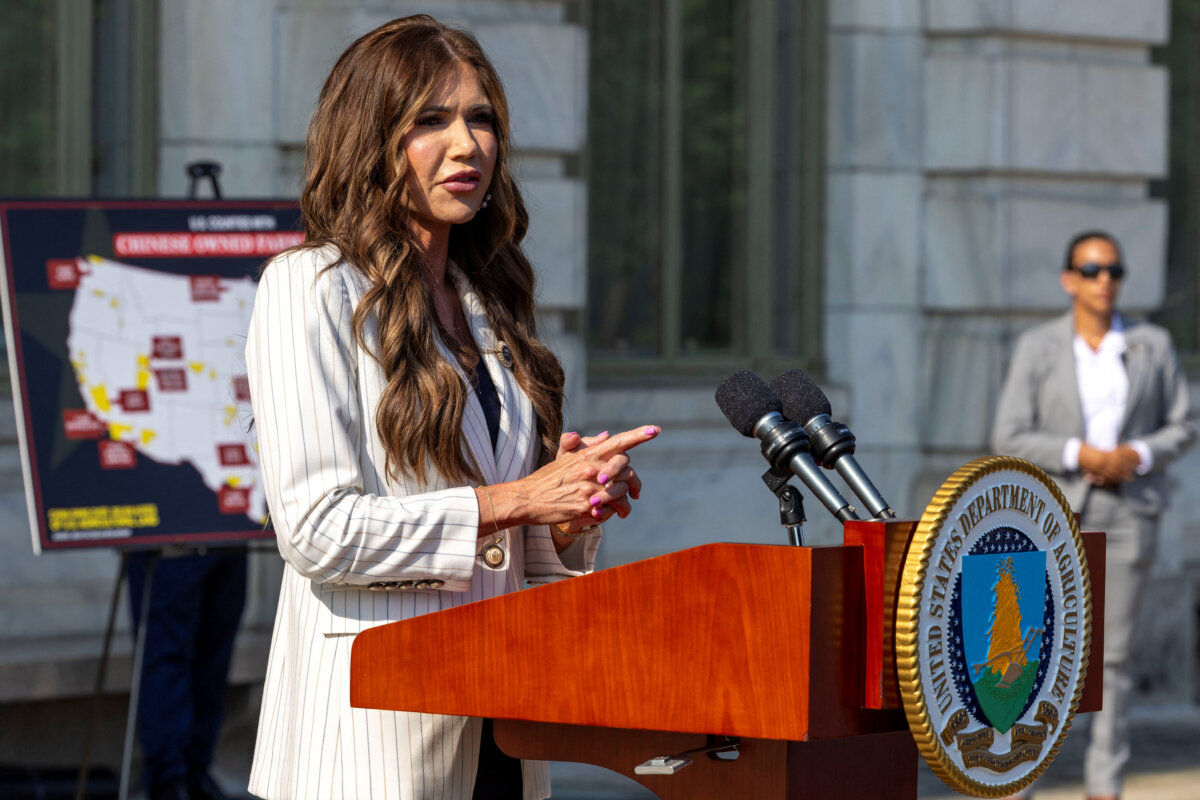 Homeland Security Secretary Kristi Noem speaks during a press conference outside the U.S. Department of Agriculture in Washington on July 8, 2025. (Umit Bektas/Reuters)