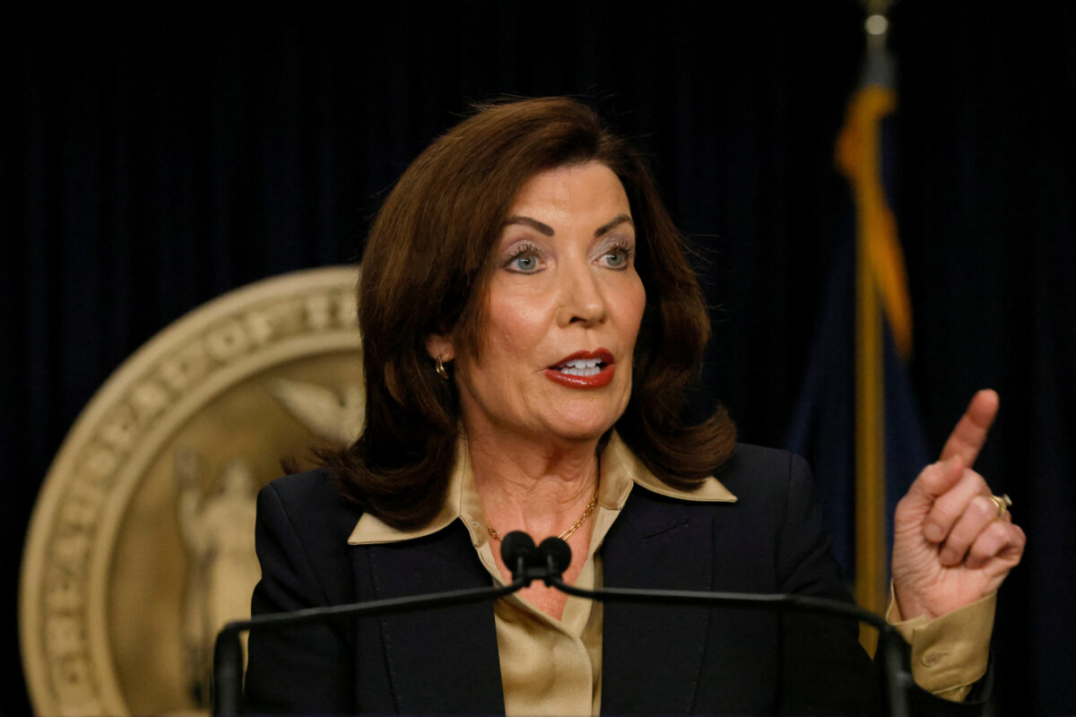 New York Gov. Kathy Hochul speaks at a press conference in Manhattan on Feb. 20, 2025. (Brendan McDermid/Reuters)